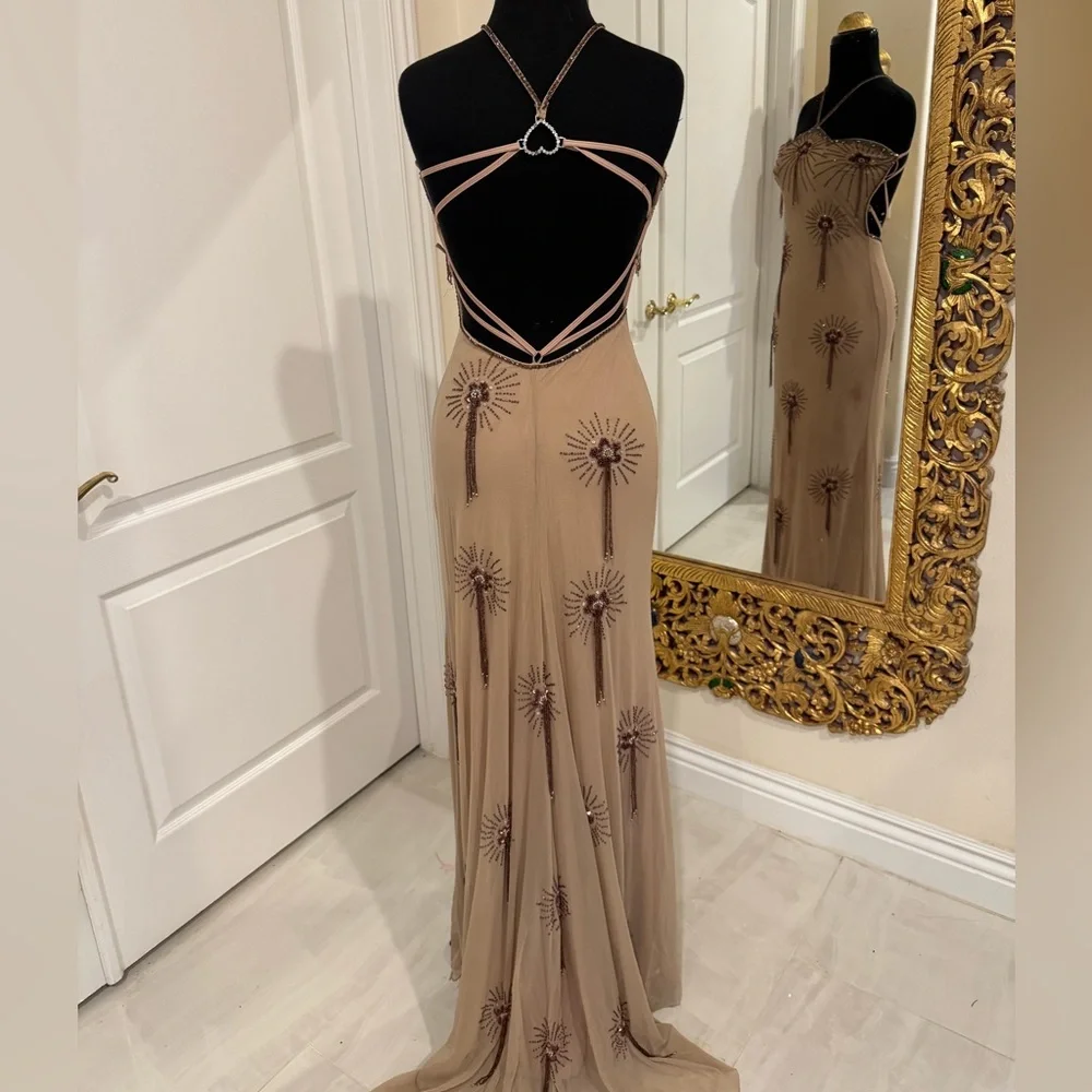 Designer Strapless‎ Blush hand Beaded Evening Gown on stretch power mesh